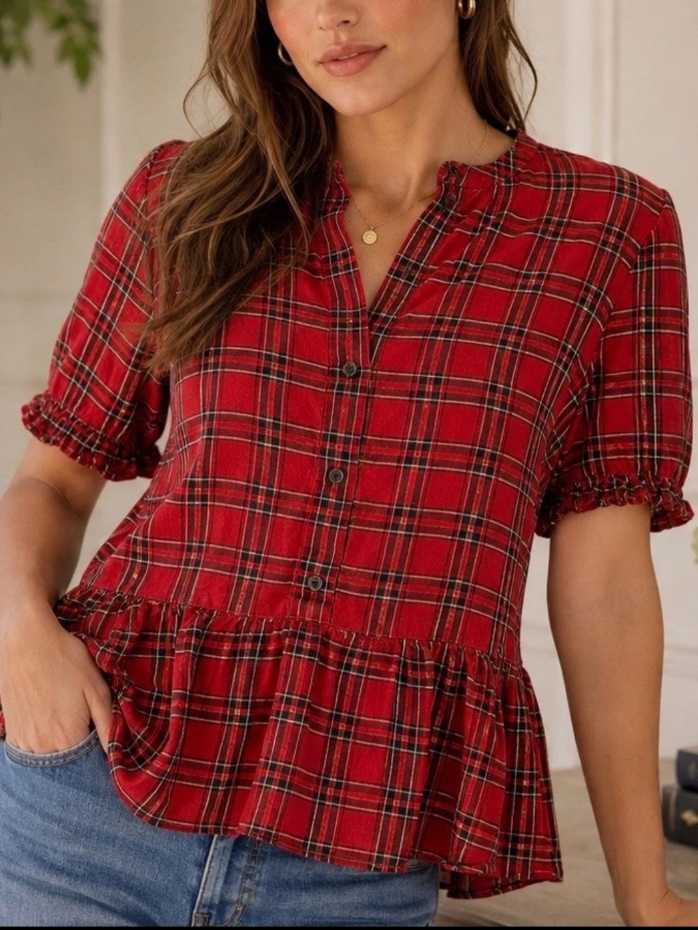 Madewell Red Black Plaid Top Size S